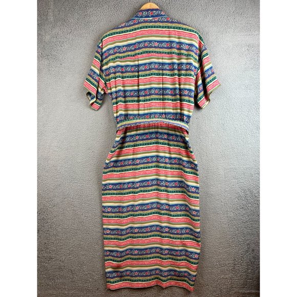 Vintage Talbots 100% Silk Button Up Dress Pink Blue Striped Floral size 8 - Picture 3 of 13